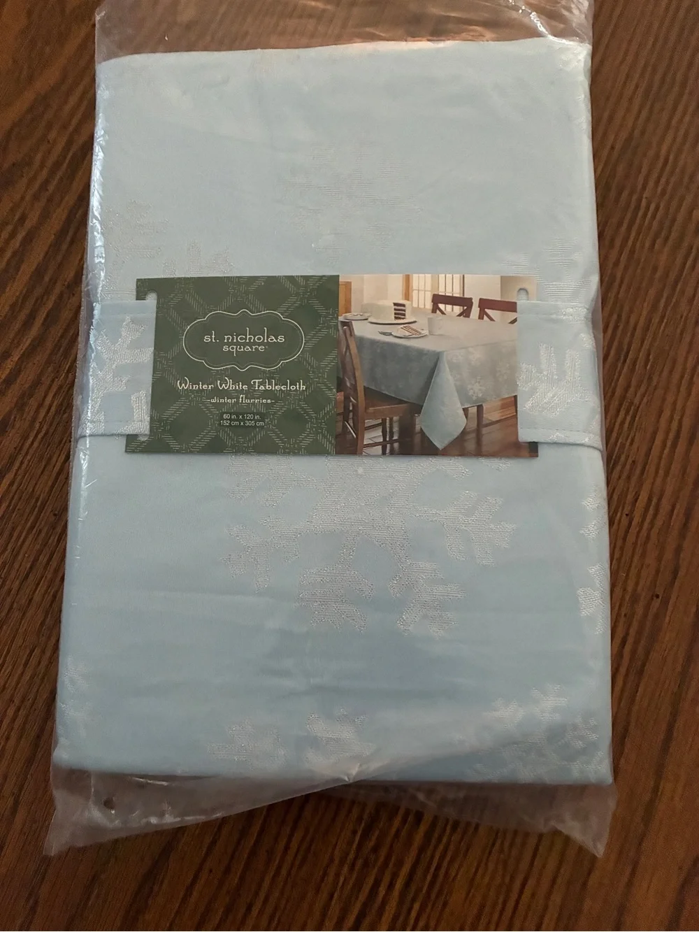 St. Nicholas Light Blue Winter Snowflake Tablecloth Rectangle 60  in x 120 in